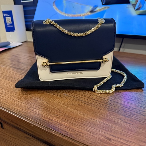 Strathberry Handbags - Strathberry Navy and White Crossbody Bag with Gold Chain